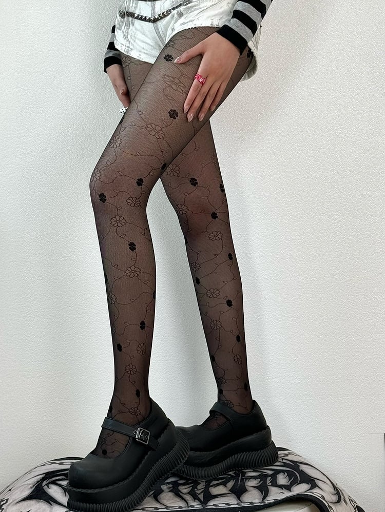 Green/Black/White Floral Pattern Tights