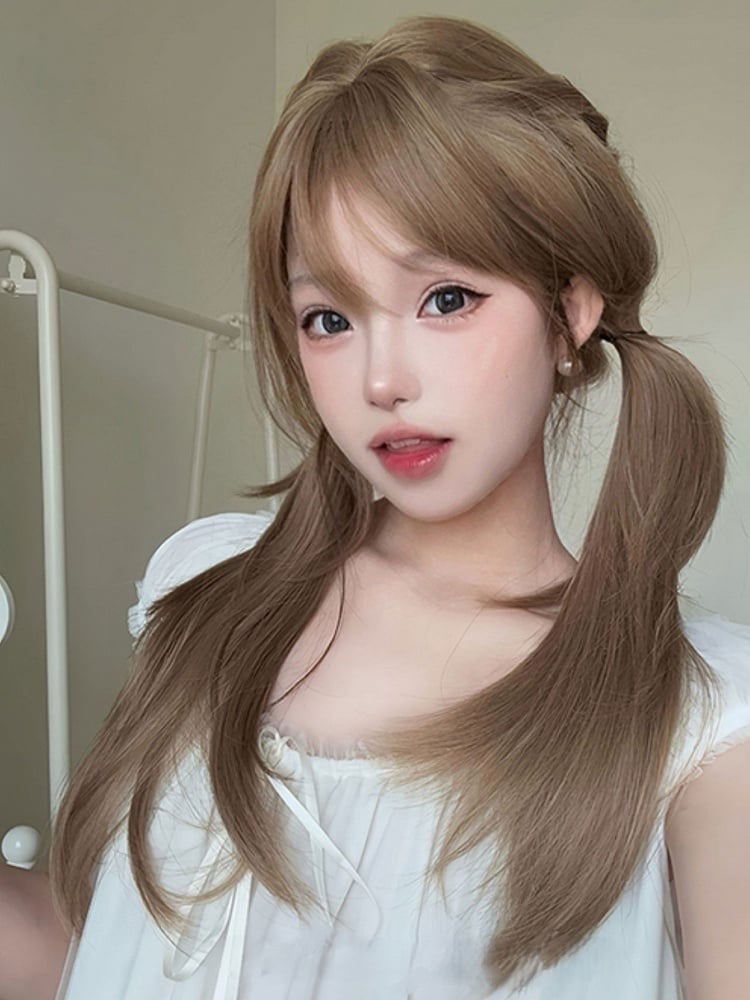 LIght Brown 65CM Length Straight Wig With Air Bangs
