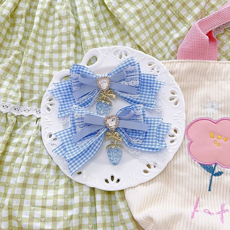 Sweet Lolita Strawberry Charm Heart Rhinestone Pink/Blue/Wine Red/Black Bow Hairclips