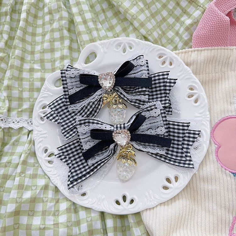 Sweet Lolita Strawberry Charm Heart Rhinestone Pink/Blue/Wine Red/Black Bow Hairclips