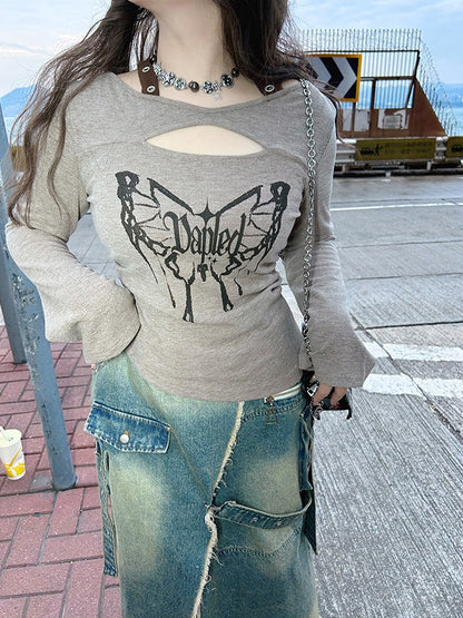 Plus Size Blue High-Slit Frayed Hem Wasteland Punk Denim Skirt Cargo Pockets Design