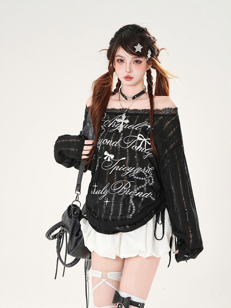 Off-the-shoulder Neckline Bowknot Print Black/White Semi-sheer Coverup