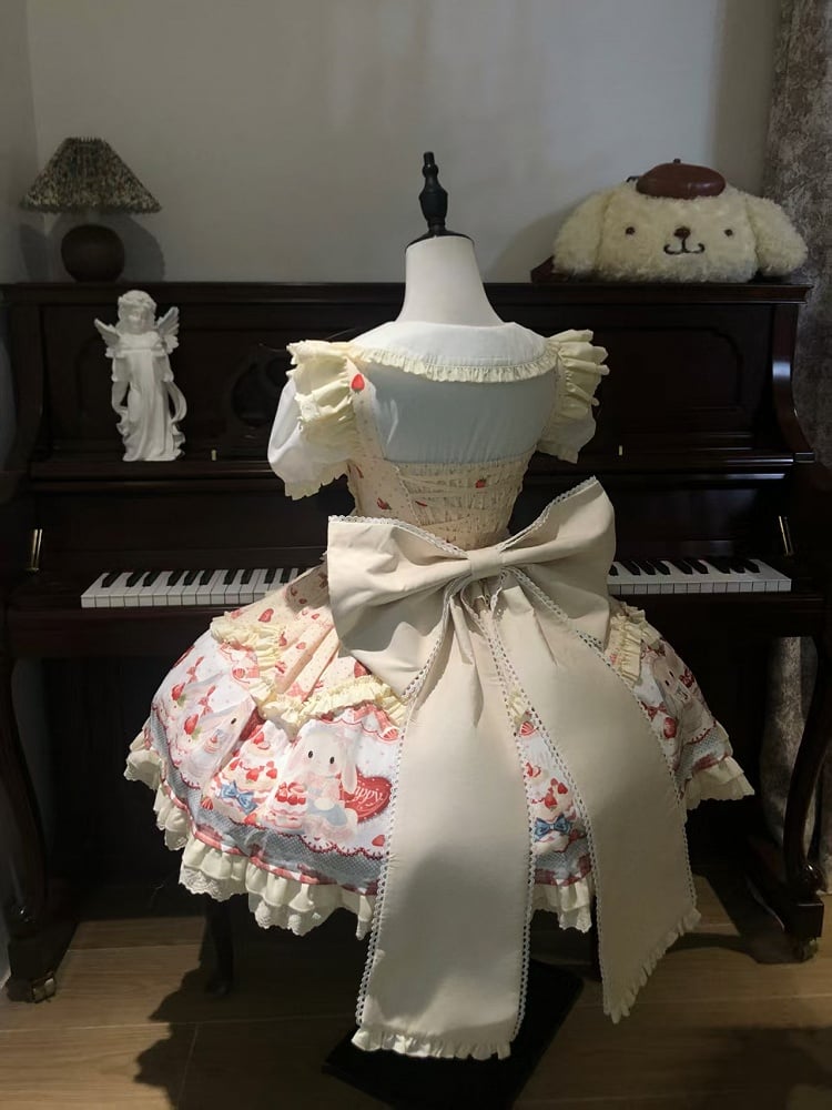 Cute Bunny and Strawberry Cake Print Yellow Dress Sweet Lolita JSK / Full Set
