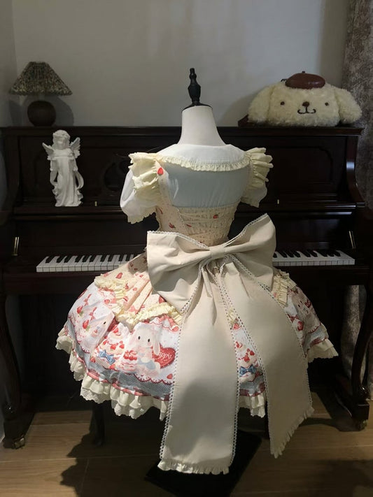 Cute Bunny and Strawberry Cake Print Yellow Dress Sweet Lolita JSK / Full Set
