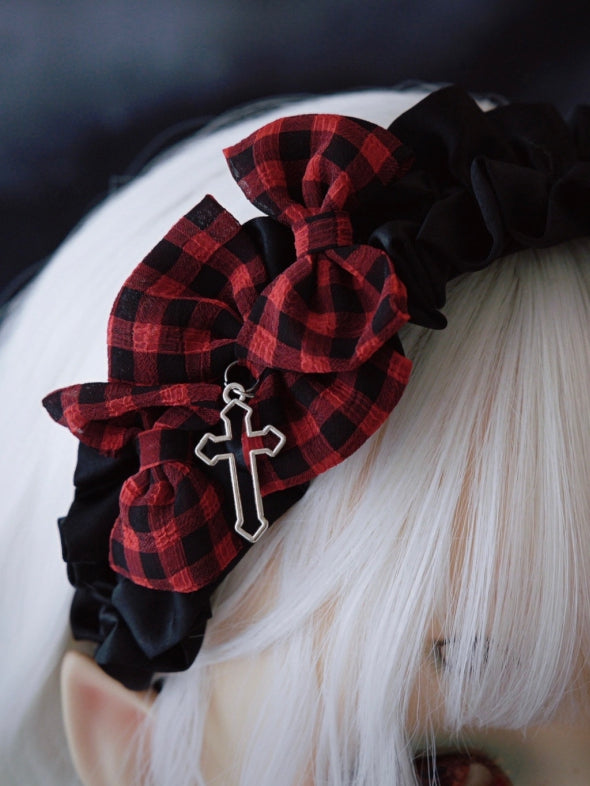 Black Ruffle Trim With Three Plaid Pattern Bowknots Cross Charm Design KC