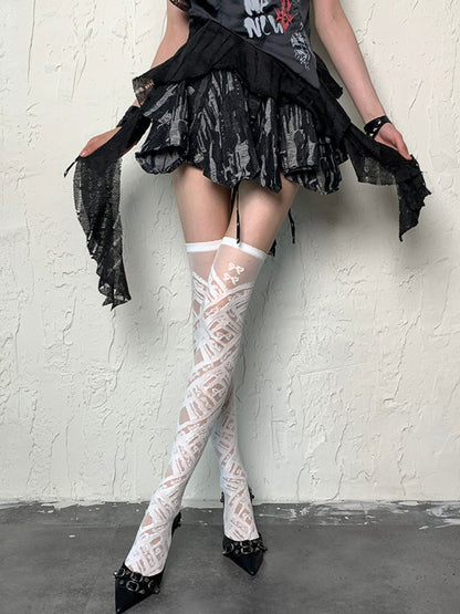 White Y2K Bowknot Details Overknee Stockings