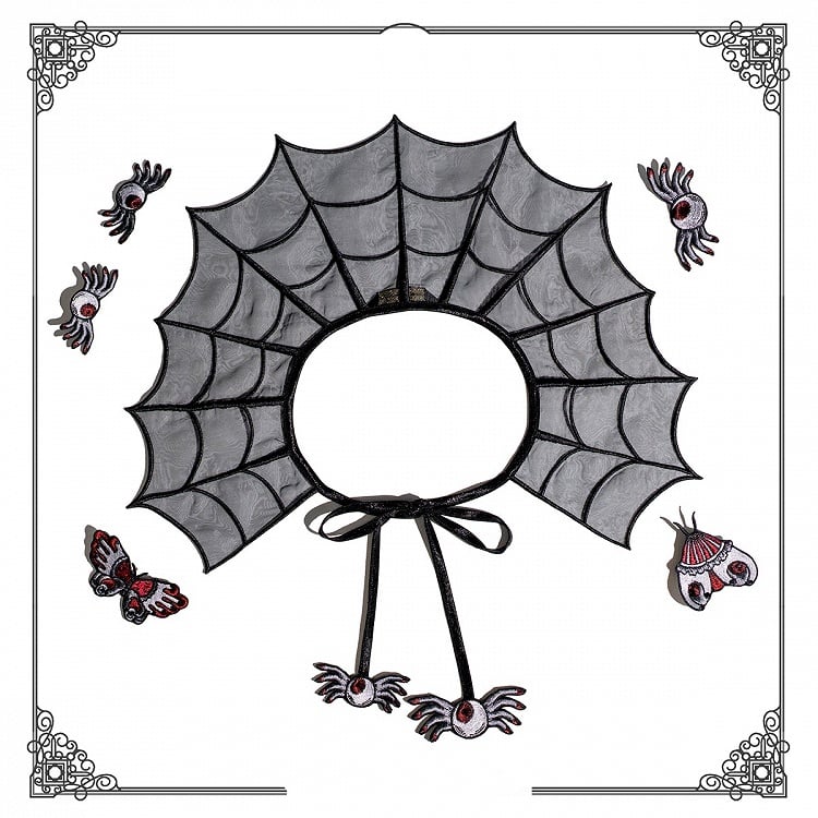 Black Spider Web Embroidery Organza Fake Collar with Detachable Butterfly and Moth Brooch