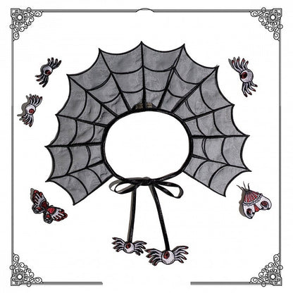 Black Spider Web Embroidery Organza Fake Collar with Detachable Butterfly and Moth Brooch