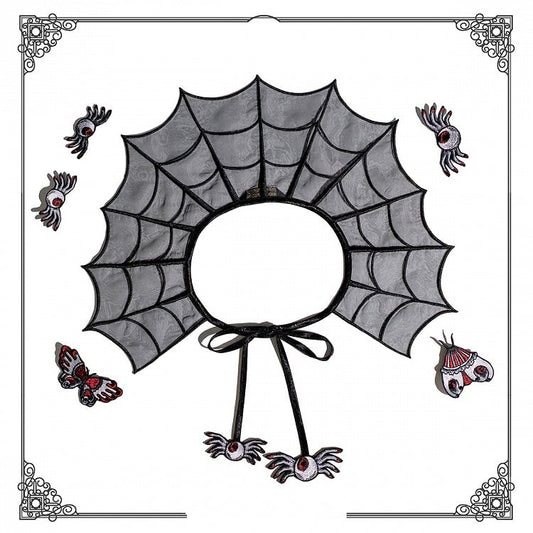 Black Spider Web Embroidery Organza Fake Collar with Detachable Butterfly and Moth Brooch