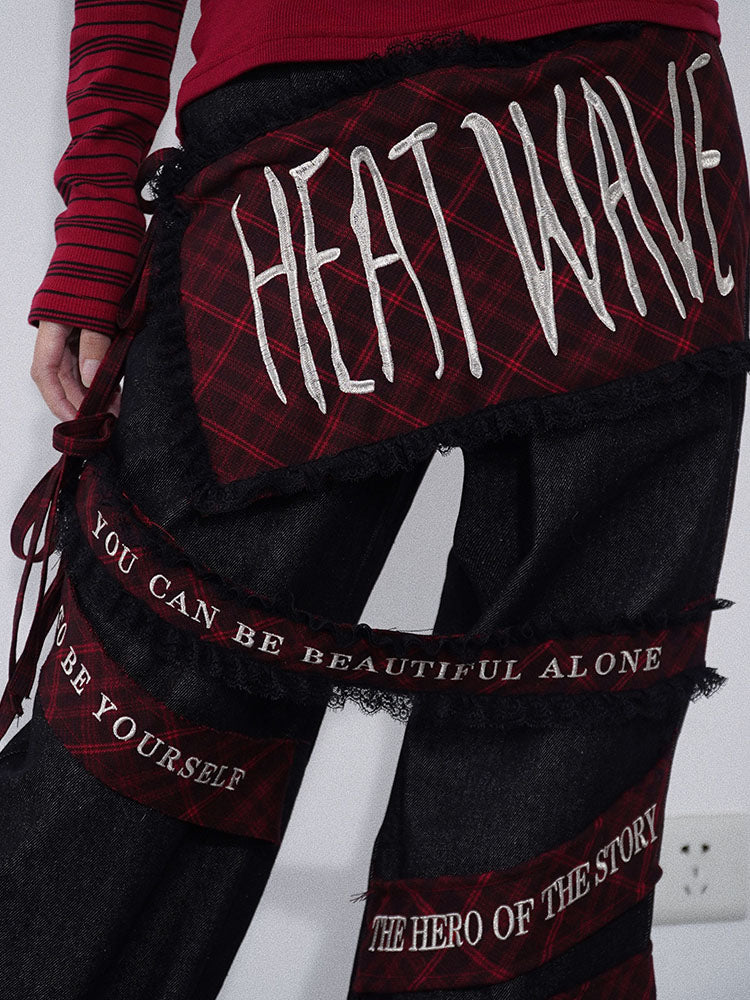 Letters Embroidery Black Punk Cargo Jeans with Plaid Pockets