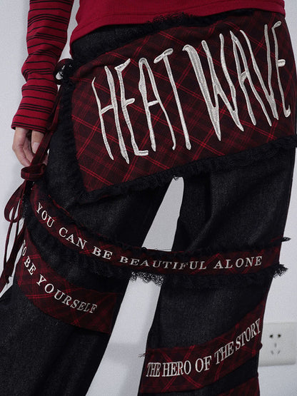 Letters Embroidery Black Punk Cargo Jeans with Plaid Pockets