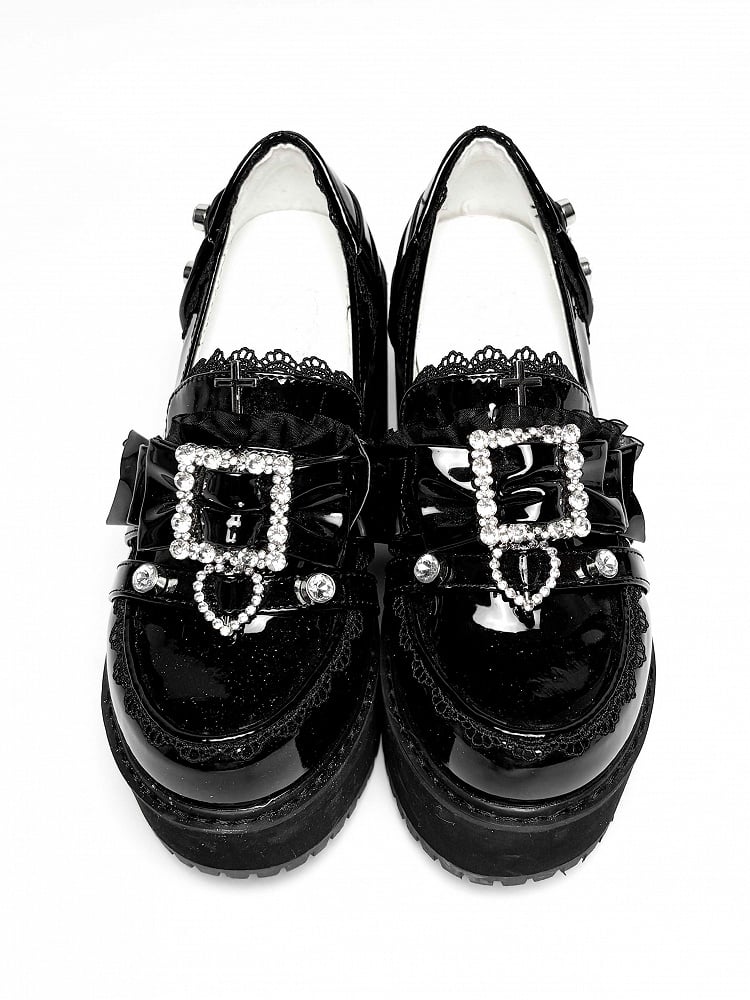 Polished Black Jirai Kei Rhinestone Decorated Bow at Top Lace Trim Platform High Block Heels Slipons