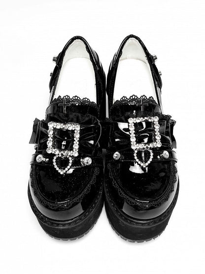 Polished Black Jirai Kei Rhinestone Decorated Bow at Top Lace Trim Platform High Block Heels Slipons
