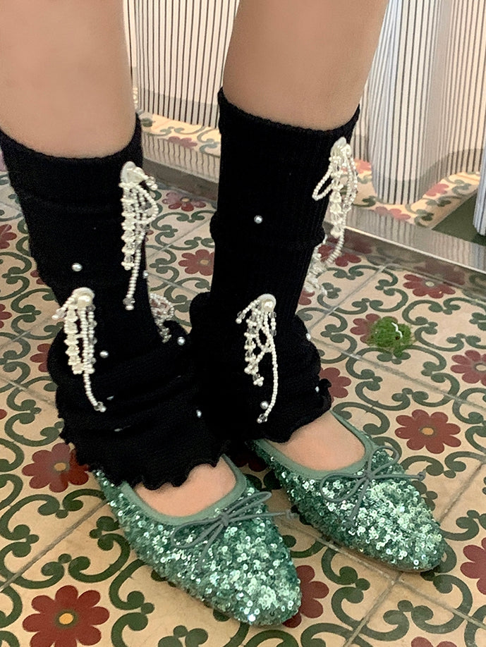 5 Color Options Beaded Details Rolled-Trim Leg Warmers
