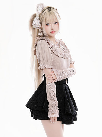 Jirai Kei Bowknots and Beads Decorated Illusion Neckline Dusty Pink Blouse with Free Armwear