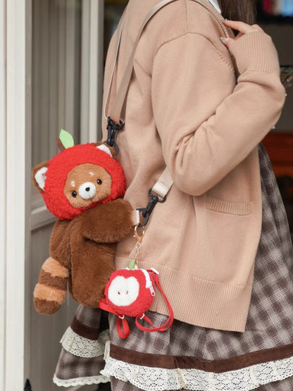 Cute Red Panda Brown 28/40 cm Plush Backpack/Crossbody Bag + Apple Hat + Red Panda/Apple Keychain