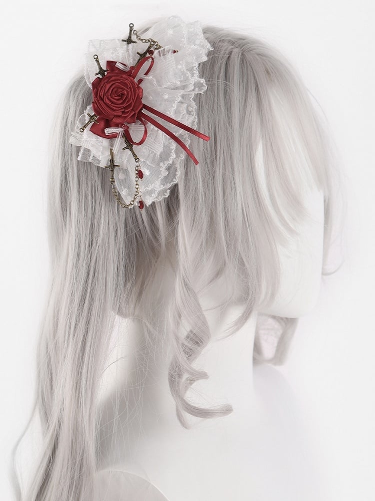 Gothic White and Red Rosette Bowknot Lace Hairclips with Swords and Chains