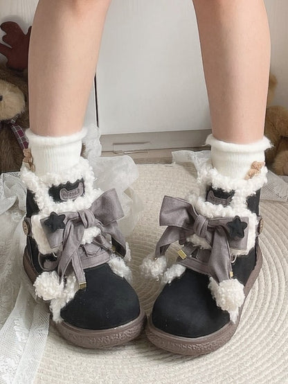 3cm Sole Black Ankle Boots for Lolita with Gray Bow Accents, Star Applique & Lace-Up Design