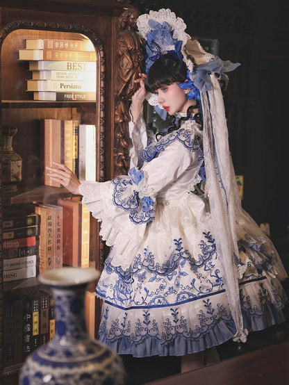 Butterfly Fabric Blue and White Porcelain Embroidery Chinoiserie Style Lolita Dress Short Version