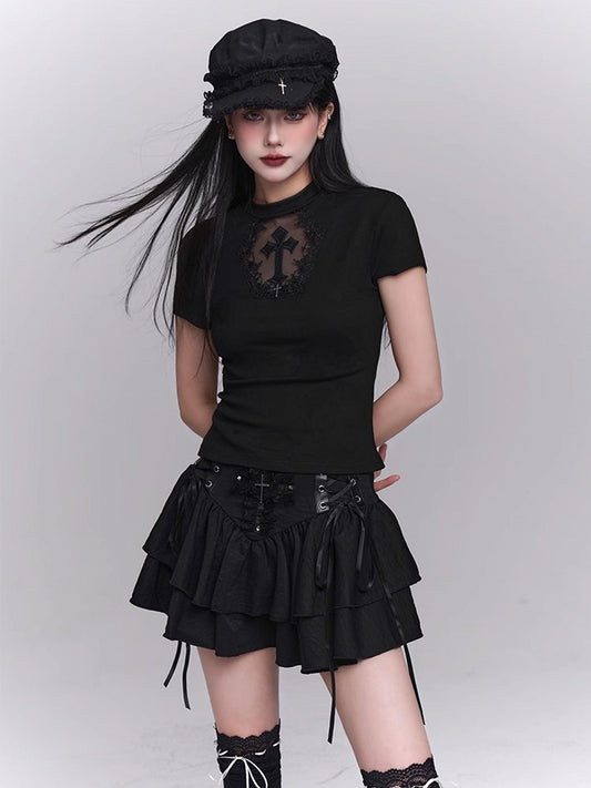Black Coffin-shaped Cutout Cross Applique T-Shirt