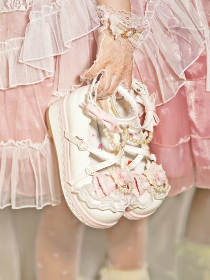 White Floral Design Bow at Top Lace Trim Heart Buckle Platforms With Detachable Beaded Chain