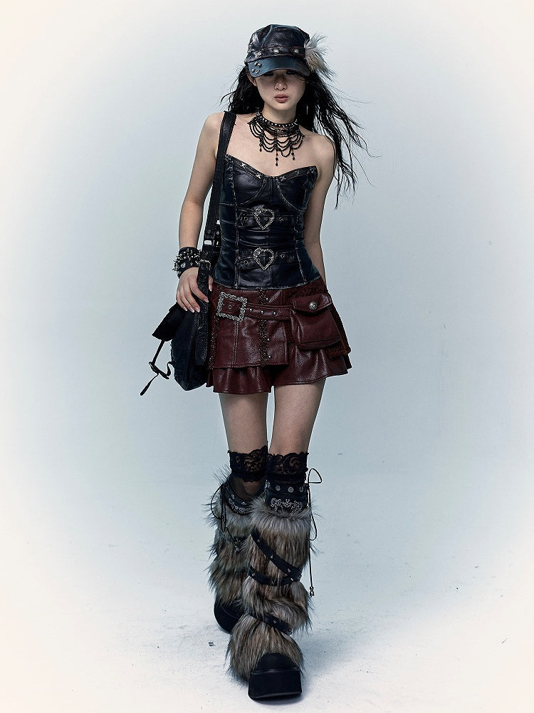 Black PU Bustier Top with Heart-Shaped Buckle Design