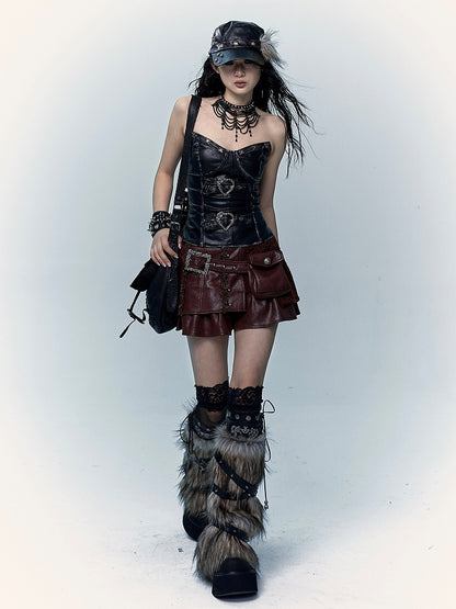 Black PU Bustier Top with Heart-Shaped Buckle Design