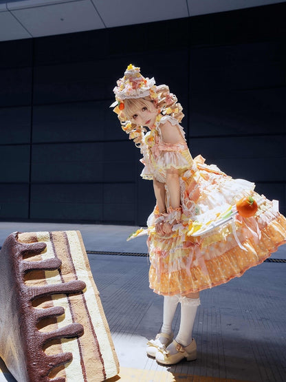Orange Persimmon Cake Bow Accents Tiered Skirt Sweet Lolita JSK Full Set