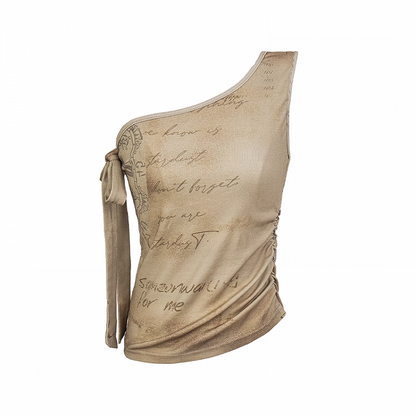 Vintage Graffiti Print Apricot Wasteland Punk Asymmetrical Neckline Top