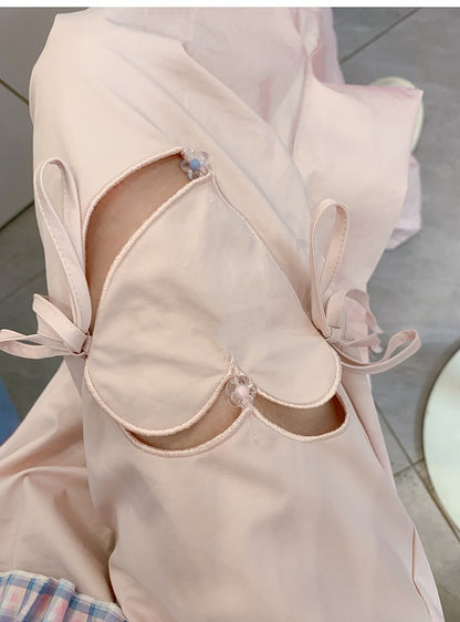 Blue/Pink Drawstring Waist Heart-shaped Cutout Wide-leg Pants
