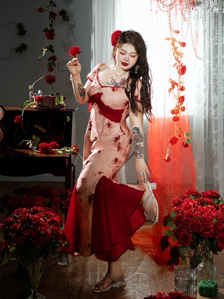 Plus Size Mesh Patchwork Hem Red Rosette Print Dress Mermaid Skirt