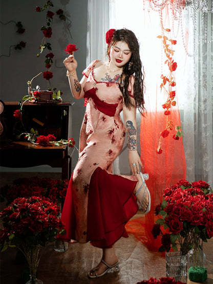 Plus Size Mesh Patchwork Hem Red Rosette Print Dress Mermaid Skirt