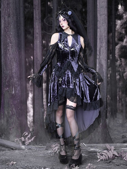 Gothic Velvet Embroidered Open Shoulder Top Double Layered Lace Hem