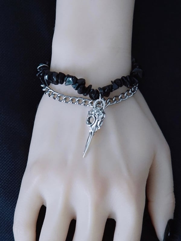 Silver&Black Gothic Bird Bone Charm Crushed Stone Bracelet
