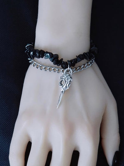 Silver&Black Gothic Bird Bone Charm Crushed Stone Bracelet