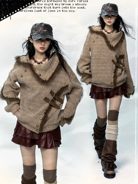 Light Coffee Plush Trim Knitted Sweater with Buckle & Studs Design