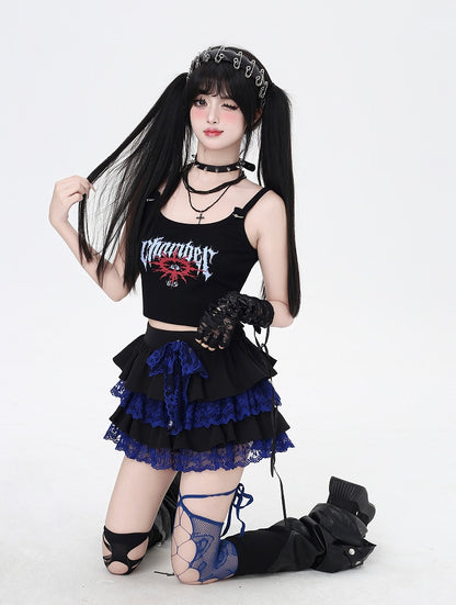 Y2K Contrast Blue Lace Trim Black Elastic Waist Tiered Skirt