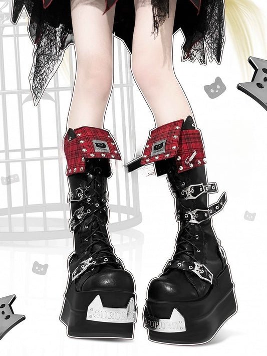 Red Plaid Fold-over Trim Kitty Buckle Straps Harajuku Punk Platform Boots