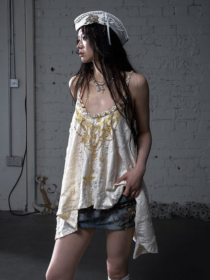 Gold Starfish Print Apricot Wasteland Punk Distressed Holes Cami Top