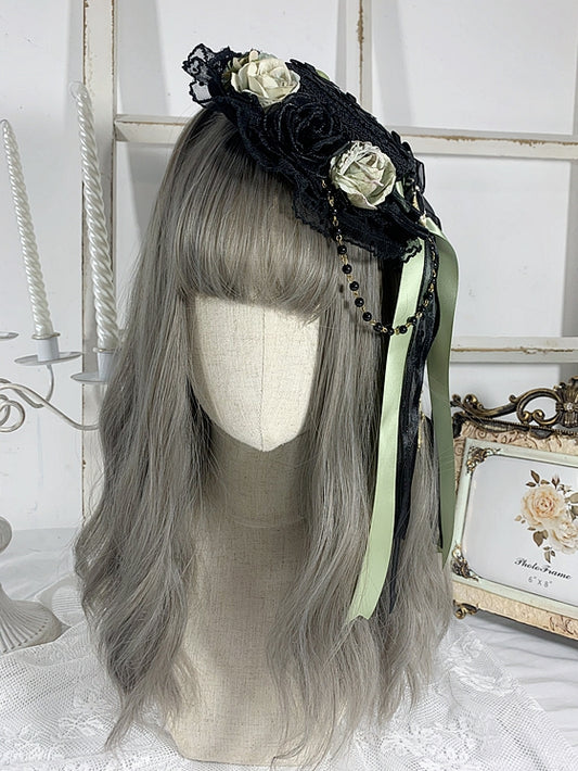 Gothic Cross Chains Black and Green Elegant Floral Design Bowknots Hat