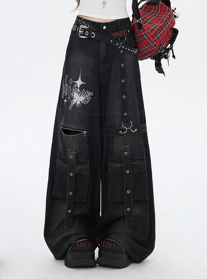 Black Butterfly Print Strap Details Vintage Wide-Leg Cargo Jeans