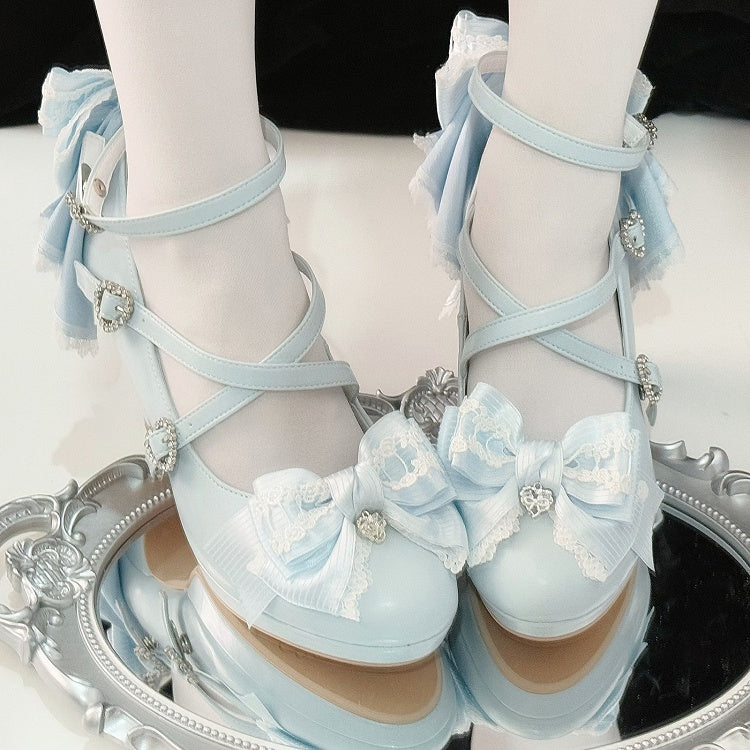 Light Blue Crisscross Design Heart Buckle Bow at Top High Heels