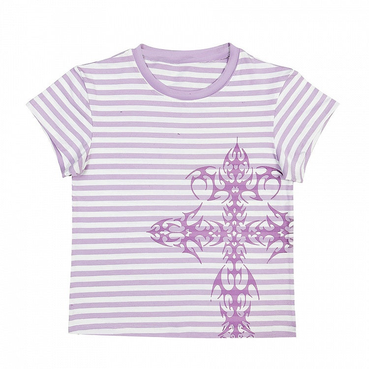 Dark Blue/Light Purple Stripe Pattern Cross Print Top