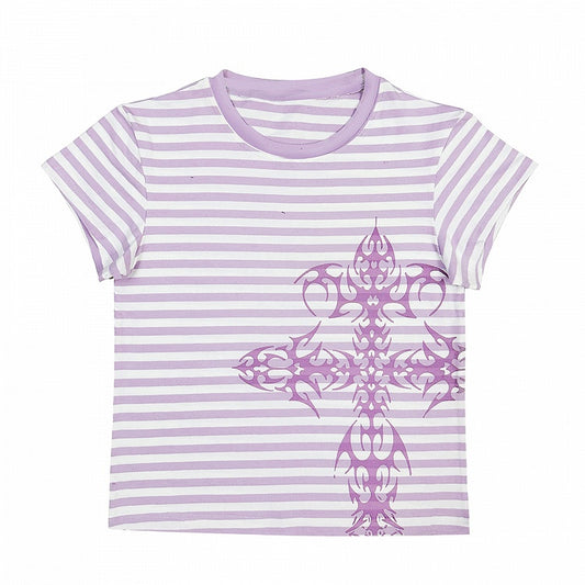 Dark Blue/Light Purple Stripe Pattern Cross Print Top