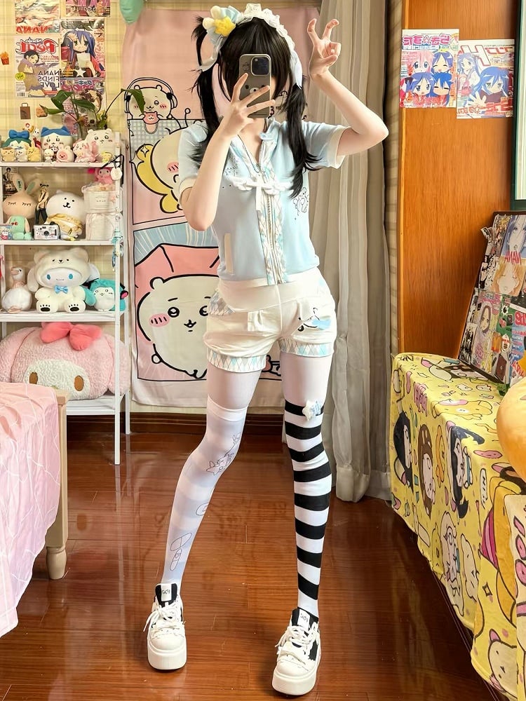 Light Blue Tenshi Kaiwai Cat Print Diamond Pattern Bear Ear Hoodie T-shirt