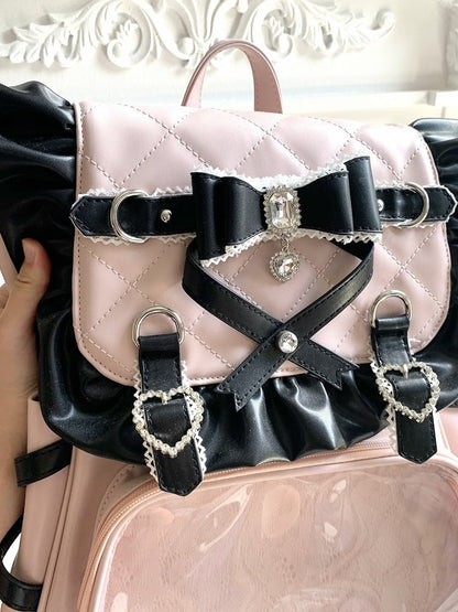 Jirai Kei Black / Black & Pink PU Backpack with Glitter Bow & Rhinestone Decor