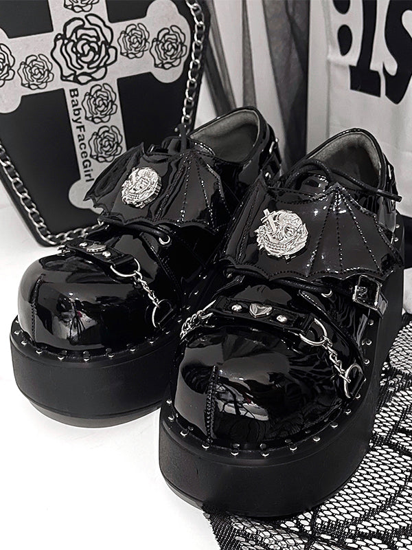 Devil Wings Punk Black Platforms Silver-tone Studs Goth Shoes