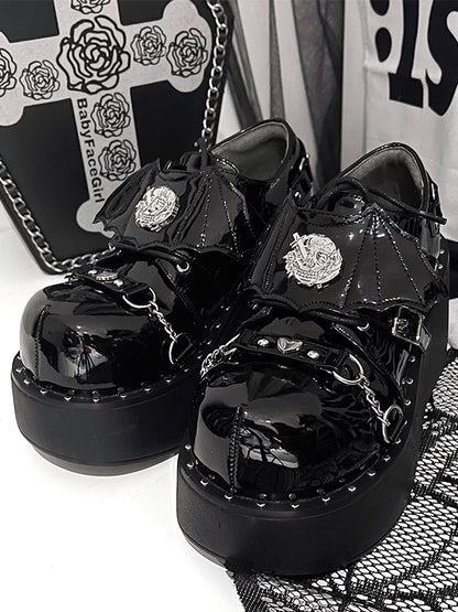 Devil Wings Punk Black Platforms Silver-tone Studs Goth Shoes