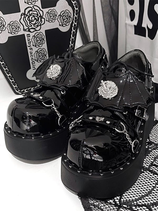 Devil Wings Punk Black Platforms Silver-tone Studs Goth Shoes