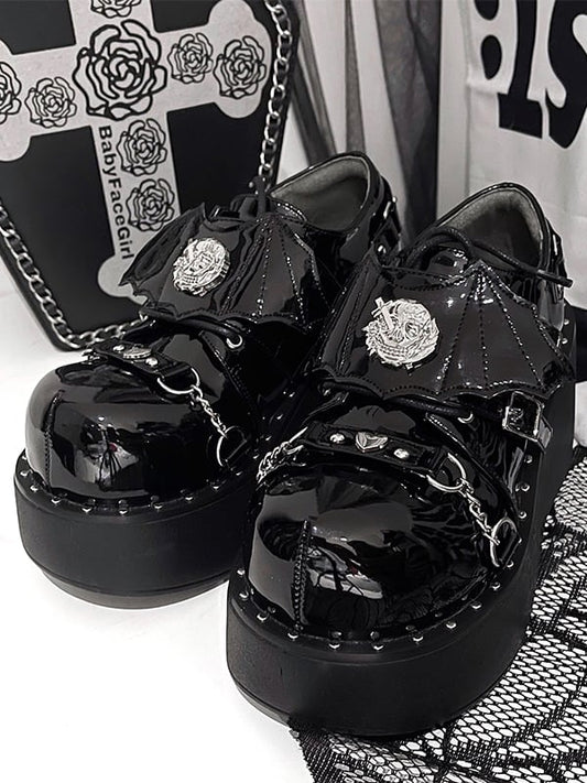 Devil Wings Punk Black Platforms Silver-tone Studs Goth Shoes